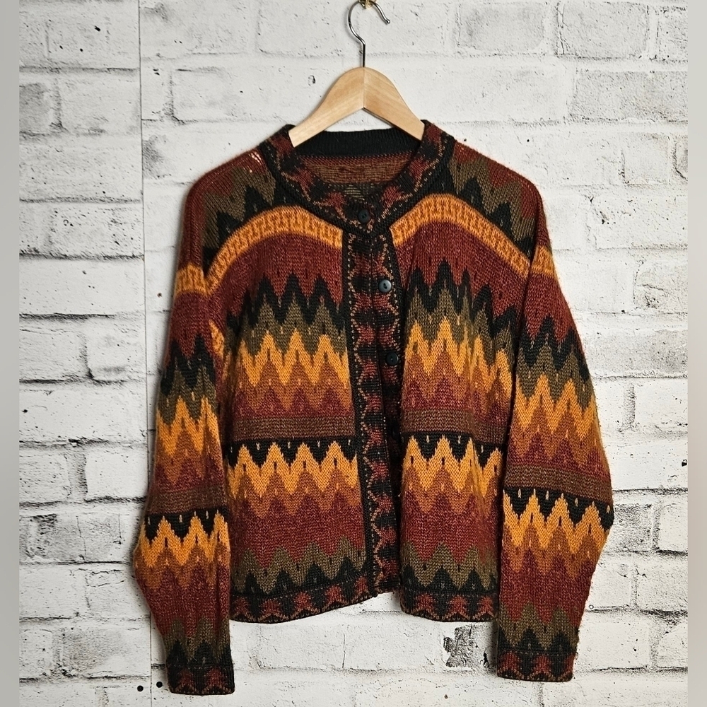 Vintage Zig Zag Knit Cardigan Sweater Multicolor Boho Retro Fall Vibes